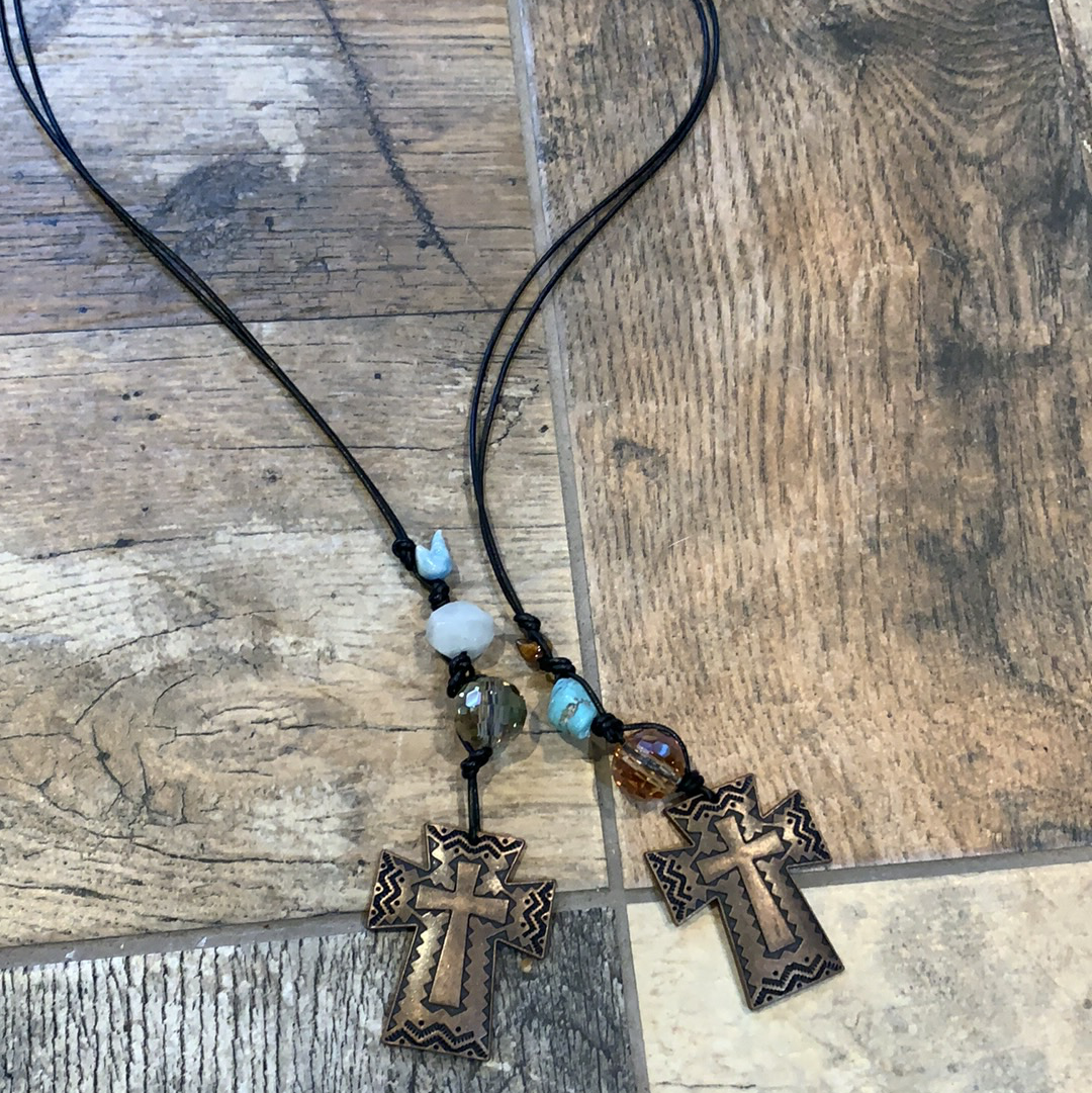 Leather Copper Cross Necklace