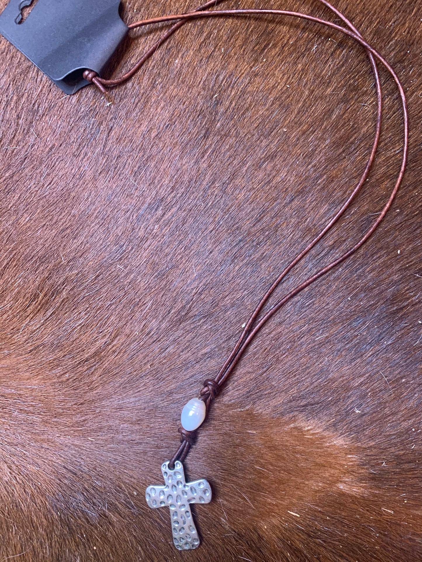 Leather, Pearl & Cross Necklace