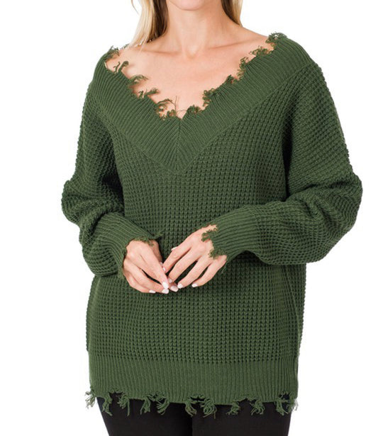 Army Green Distressed Sweater