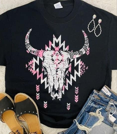 Pink Aztec BullSkull Graphic Tee