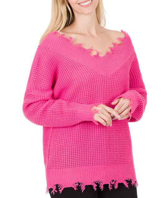 Fushia Distressed Sweater