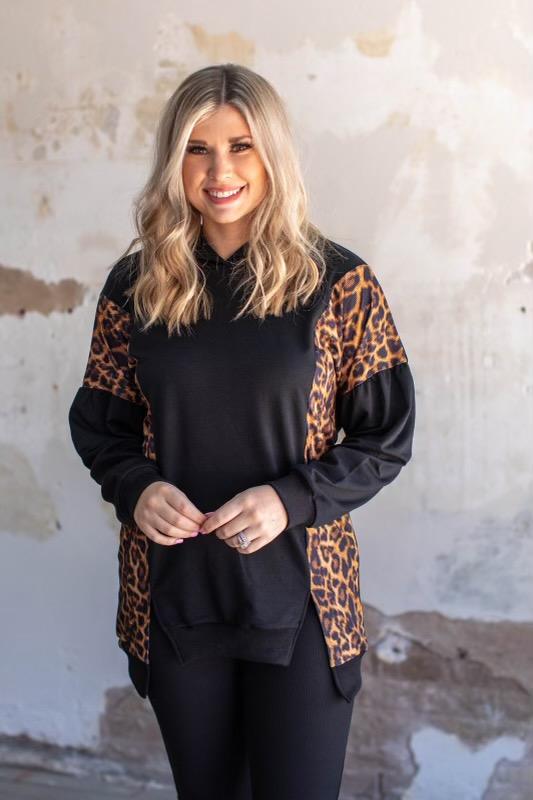 Leopard And Black Lounge Hoodie With Side Slits