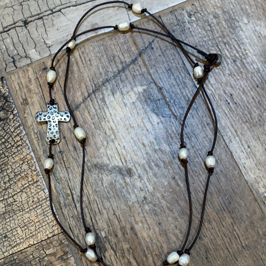 Cross Pearls & Leather Wrap Necklace