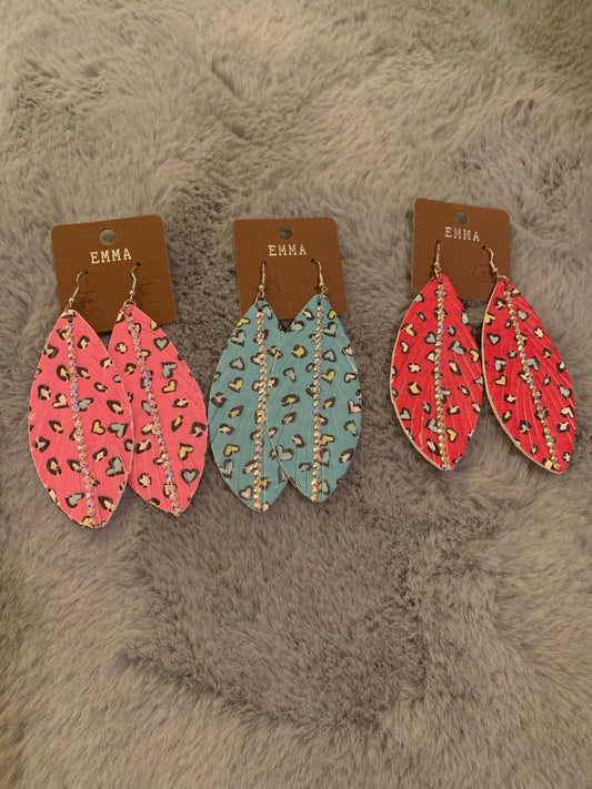 Feather Bling Earrings with Hearts